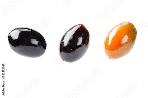 Three olives of different colors are shown in a row, isolated