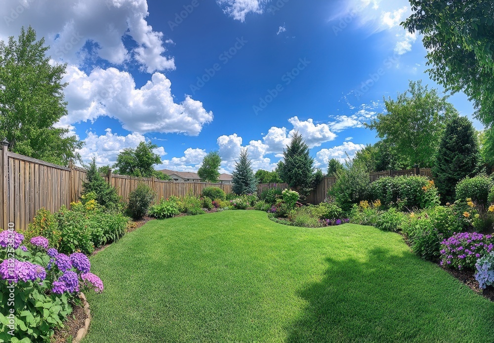 Obraz premium Lush Green Garden with Colorful Flowers Under Bright Blue Sky and Fluffy White Clouds in Picturesque Outdoor Landscape