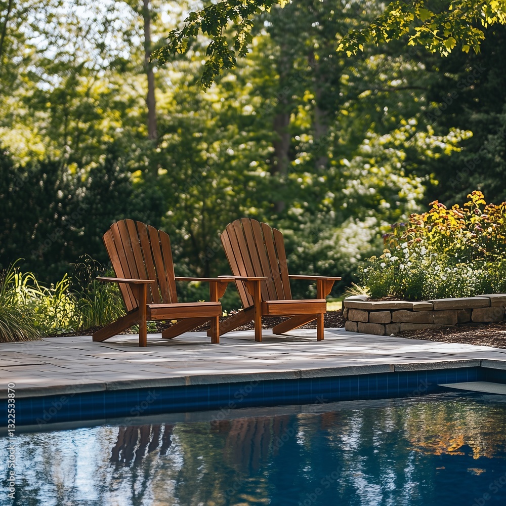 Tranquil outdoor chairs by poolside in sunlit garden