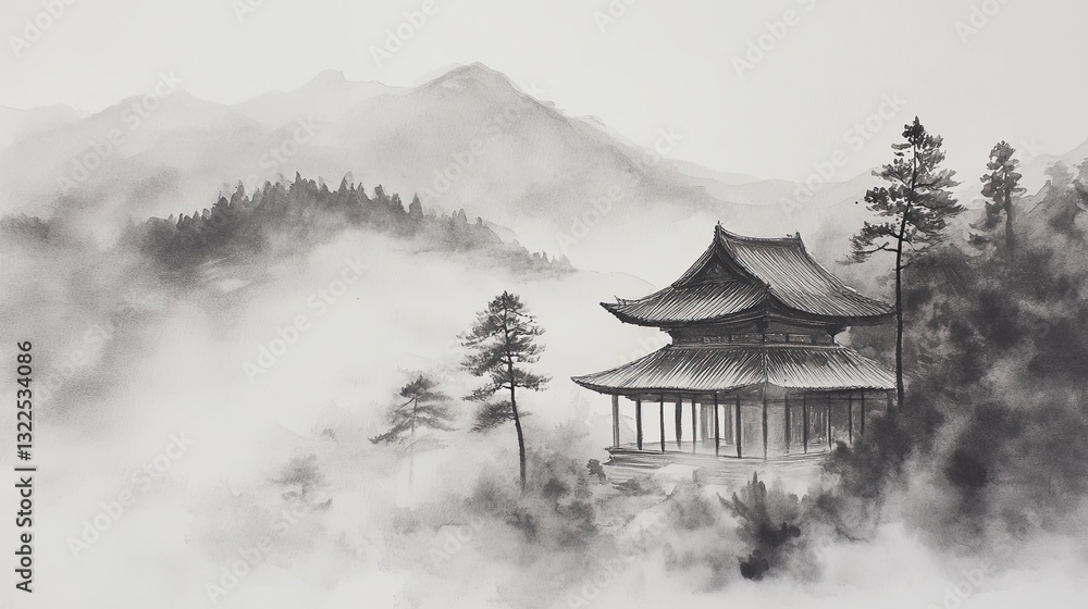 Ink Wash of a Peaceful Temple Nestled in Mountain Ink Wash of a Peaceful Temple Nestled in Mountain