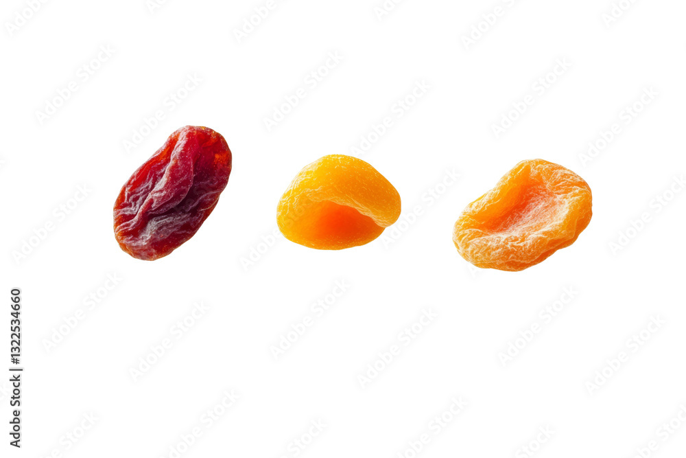 Three different colored dried fruits are shown in a row, isolated Three different colored dried fruits are shown in a row, isolated