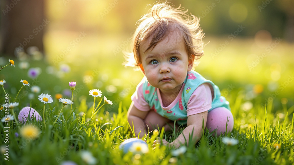 Curious Child Peeking Through Grass in a Sunlit Meadow, Perfect for Easter Marketing and Family Celebrations Curious Child Peeking Through Grass in a Sunlit Meadow, Perfect for Easter Marketing and Family Celebrations