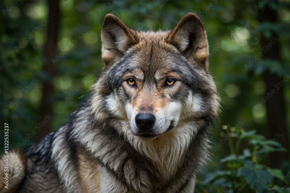 Fototapeta premium A Close-up portrait of a wild gray wolf with sharp features, beautifully captured against a blurred forest background. Highlights the animal's majestic character and connection to woodland environment