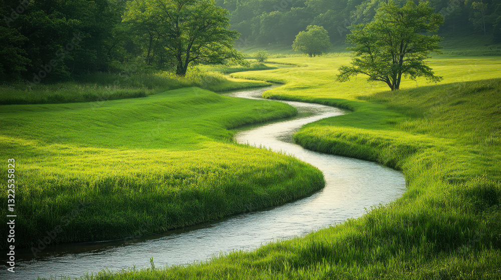 Obraz premium A tranquil river meandering through a vast grassland, but instead of a typical curve, the river now splits into two symmetrical branches forming a perfect yin-yang pattern
