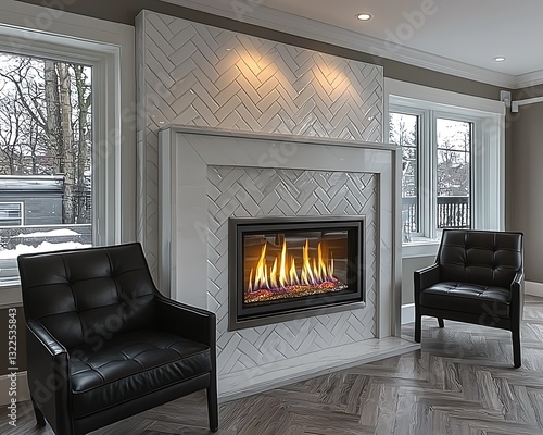 Wallpaper Mural A modern living room features a cozy fireplace with chairs Torontodigital.ca