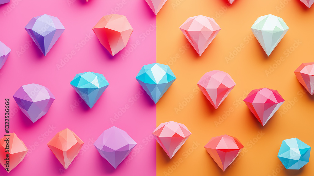 Colorful gemstones on a pink and dark yellow background
