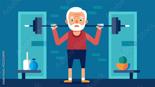 A man in his golden years lifting weights at a gym determined to stay fit and healthy through regular checkups.. Vector illustration