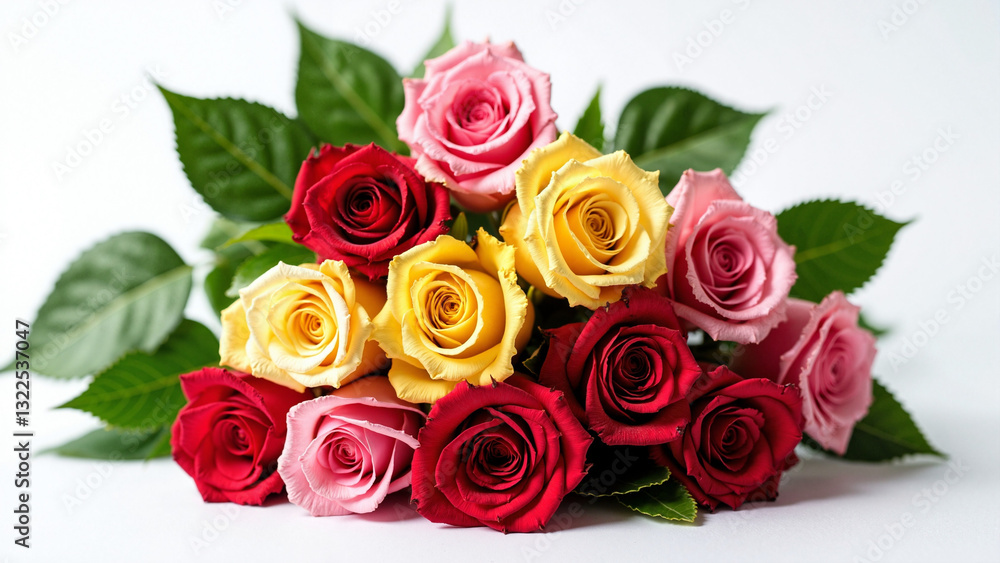 Vibrant Bouquet of Freshly Cut Roses on White Background - Perfect for Marketing, Greeting Cards, and Floral Promotions Vibrant Bouquet of Freshly Cut Roses on White Background - Perfect for Marketing, Greeting Cards, and Floral Promotions