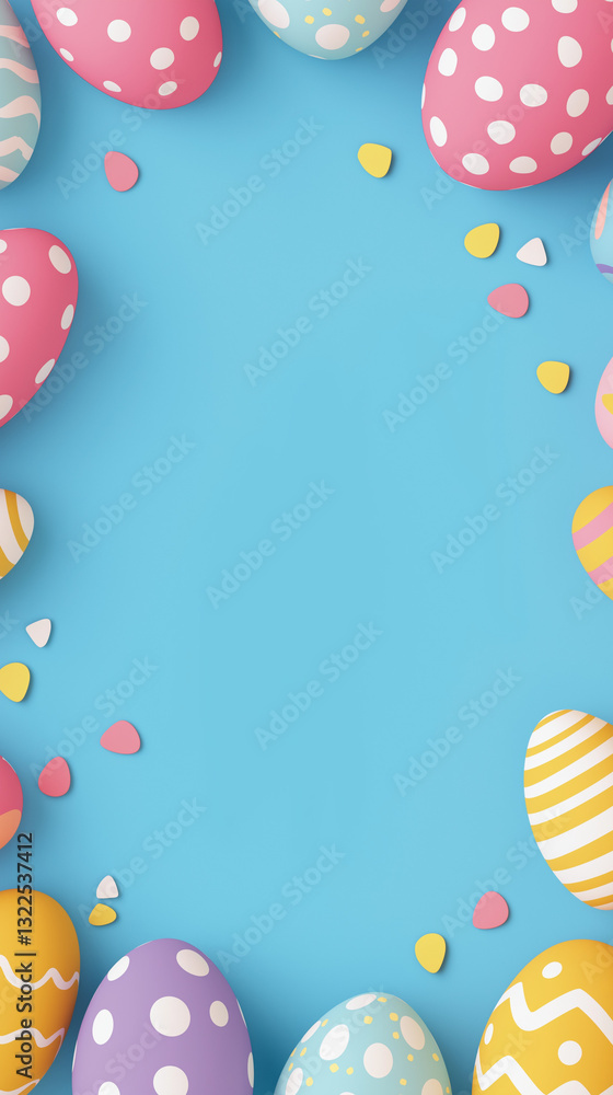 Blue Easter background with decorated eggs and text space