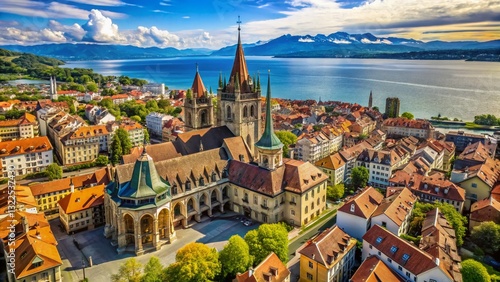 Aerial Macro Lausanne: Gothic Cathedral & Geneva Lake Panorama