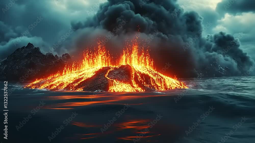 Erupting volcano with lava spilling into the ocean under a cloudy sky. Erupting volcano with lava spilling into the ocean under a cloudy sky.