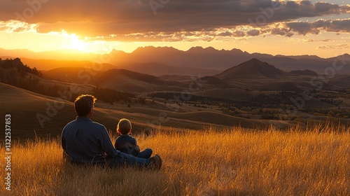 Father and son watching sunset over mountains