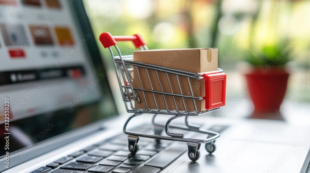 A small delivery box placed next to a laptop displaying an online shopping cart. A small delivery box placed next to a laptop displaying an online shopping cart.