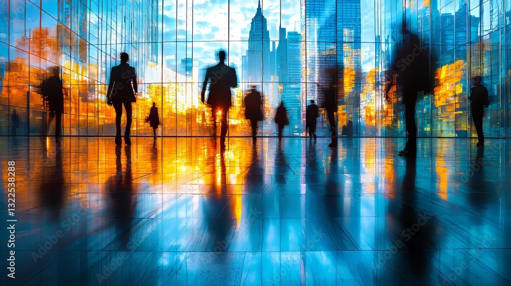 A blurred abstract scene of a bustling business center hall, where long exposure captures businessmen and people in motion, setting the tone for an active work atmosphere A blurred abstract scene of a bustling business center hall, where long exposure captures businessmen and people in motion, setting the tone for an active work atmosphere