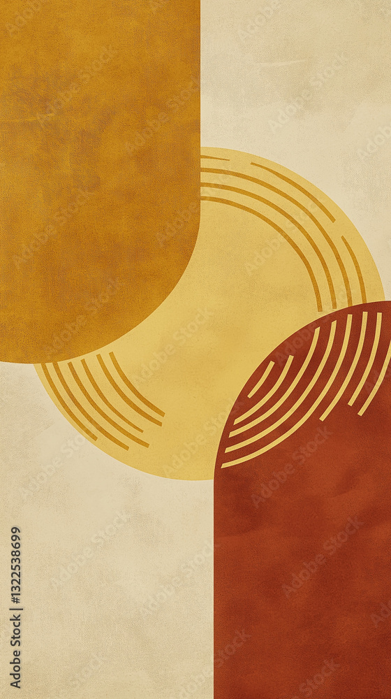 Bold curving forms in brown and ochre shades with text space