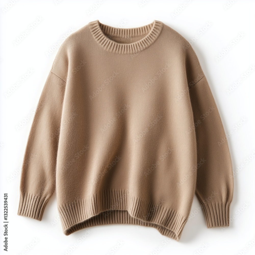 Obraz premium Cozy beige knit sweater displayed on white background for autumn wear