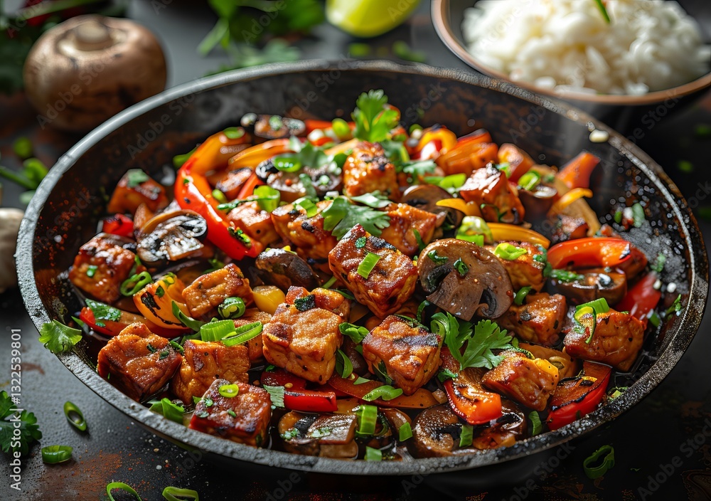 Stir fried tempeh and bell pepper with sliced mushrooms and flavors of garlic and ginger in a wok Stir fried tempeh and bell pepper with sliced mushrooms and flavors of garlic and ginger in a wok