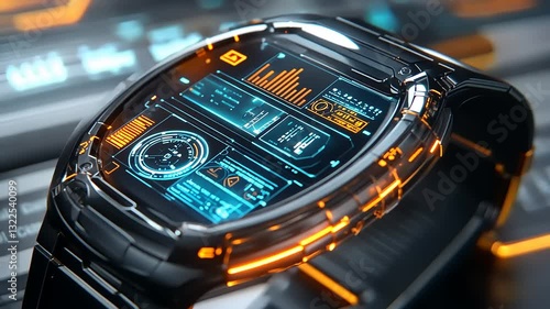 Wallpaper Mural Futuristic smartwatch with a digital interface showcasing various data and metrics. Torontodigital.ca