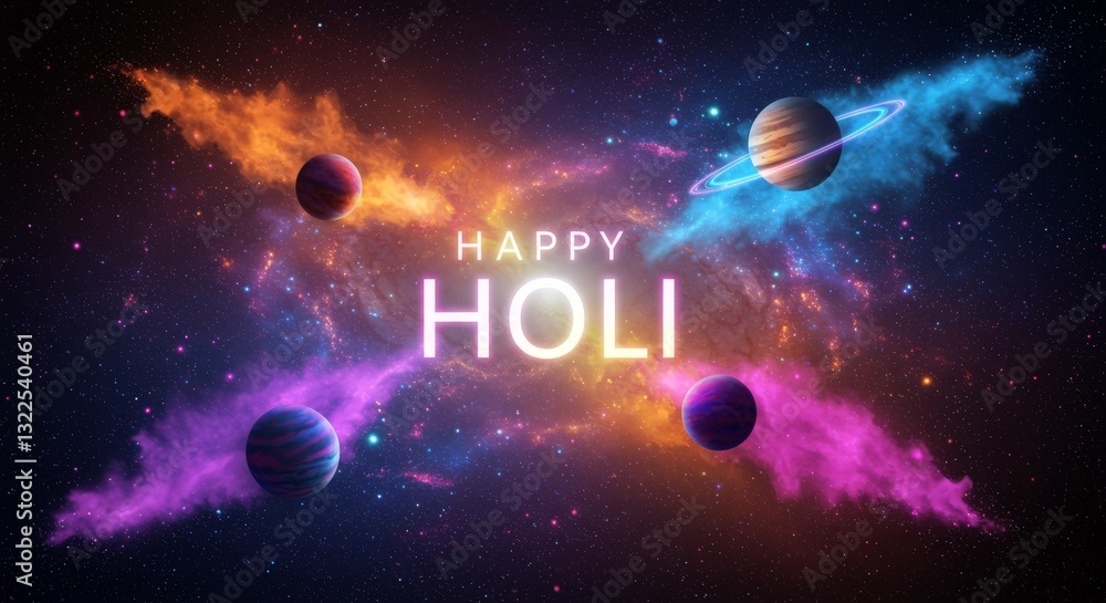 Fototapeta premium A vibrant celebration of Holi featuring swirling colors and twinkling stars in the night sky.