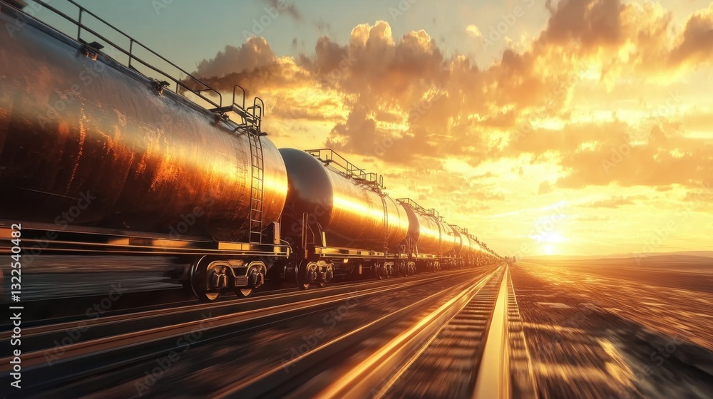 Naklejka premium A train with multiple gas tanker cars transporting fuel across an industrial zone.