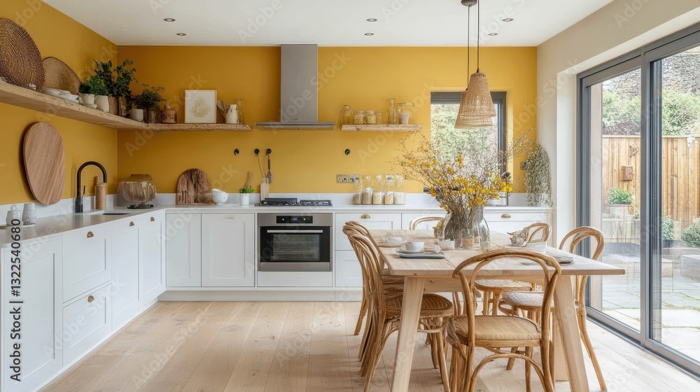 A bright and modern kitchen space with a dining area A bright and modern kitchen space with a dining area
