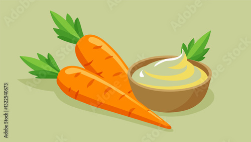 Fresh carrot sticks paired with a generous scoop of creamy hummus.. Vector illustration