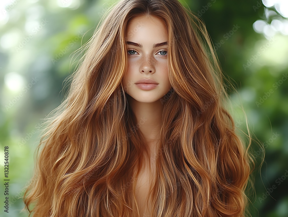 Naklejka premium A beautiful young woman with long wavy reddish brown hair
