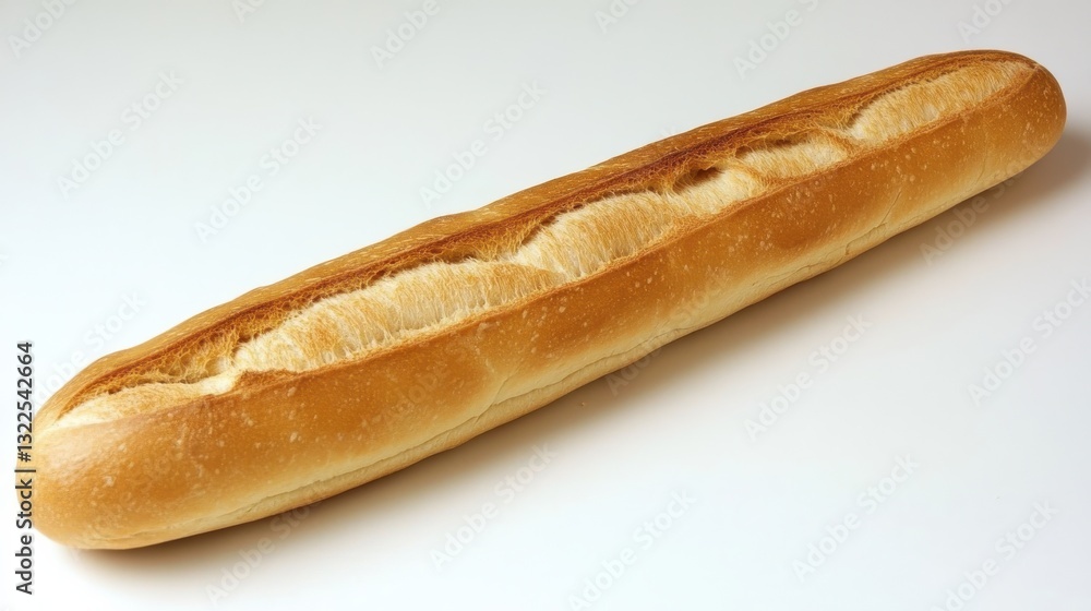 Freshly baked baguette with golden crust on a white surface emphasizing its artisanal qualities and inviting appeal Freshly baked baguette with golden crust on a white surface emphasizing its artisanal qualities and inviting appeal