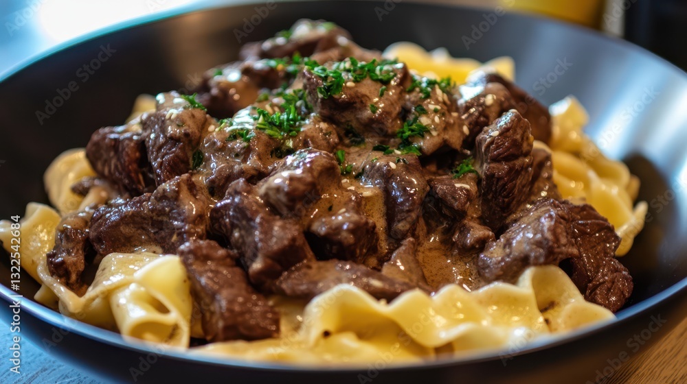 Savory beef stroganoff served with buttered egg noodles, topped with sour cream and chives for a rich and satisfying dish Savory beef stroganoff served with buttered egg noodles, topped with sour cream and chives for a rich and satisfying dish