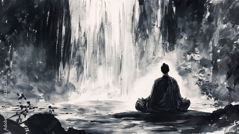 Serene Ink Wash of a Monk Meditating by a Cascading Serene Ink Wash of a Monk Meditating by a Cascading