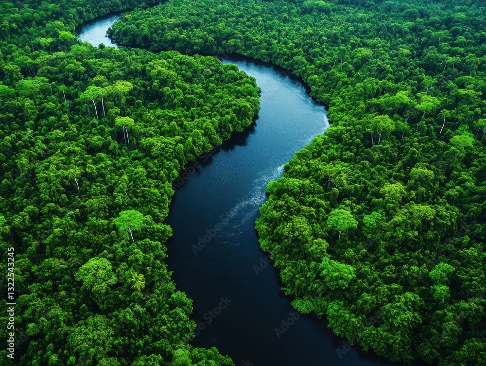 Lush Green Rainforest Landscape Overlooking a Serpentine River Surrounded by Dense Trees and Vegetation Underneath a Bright Blue Sky Lush Green Rainforest Landscape Overlooking a Serpentine River Surrounded by Dense Trees and Vegetation Underneath a Bright Blue Sky