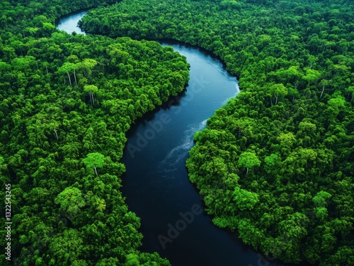Lush Green Rainforest Landscape Overlooking a Serpentine River Surrounded by Dense Trees and Vegetation Underneath a Bright Blue Sky