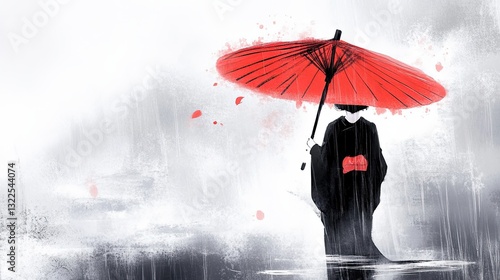 Sumi-e Painting of a Geisha Holding a Red Umbrella