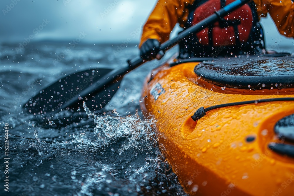 Fototapeta premium Thrilling sports photography captures dynamic kayaking action as paddle splashes water