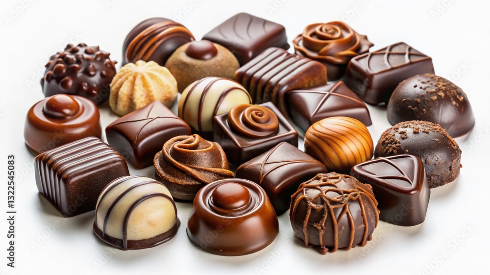 Assorted Chocolate Candies, Delicious Sweets, Confectionery, Isolated on White Background Assorted Chocolate Candies, Delicious Sweets, Confectionery, Isolated on White Background