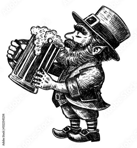 leprechaun drinking beer isolated hand drawn sketch illustration holding large frothy mug traditional attire hat with buckle beard for irish folklore St. Patrick’s Day holiday celebration card design