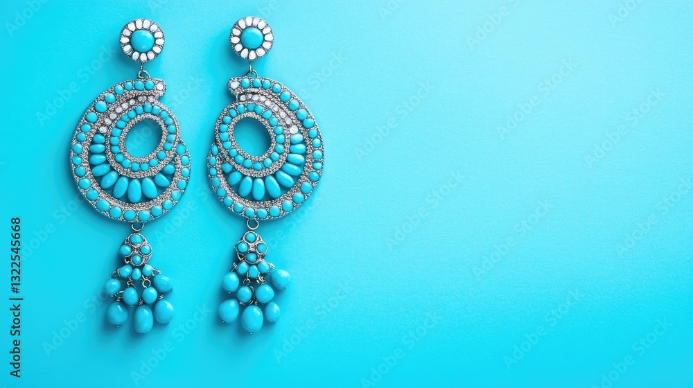 A pair of dangling turquoise earrings displayed against a light aqua background A pair of dangling turquoise earrings displayed against a light aqua background