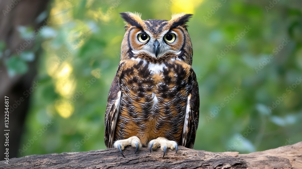 Majestic Horned Owl Perched on a Branch with Piercing Eyes in a Lush Forest Setting Majestic Horned Owl Perched on a Branch with Piercing Eyes in a Lush Forest Setting