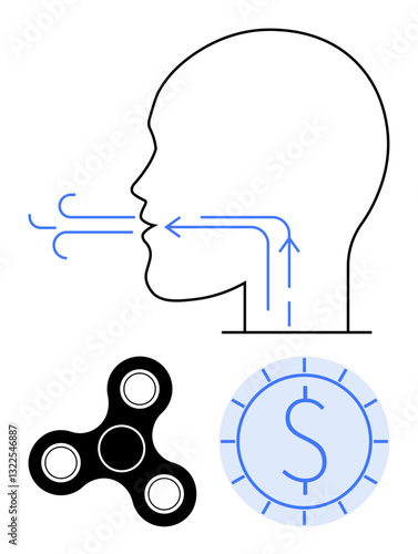 Profile of human head with airflow arrows, black fidget spinner, circular coin graphic with dollar sign. Ideal for concepts thumbs up health, productivity, relaxation, decision-making, mindfulness