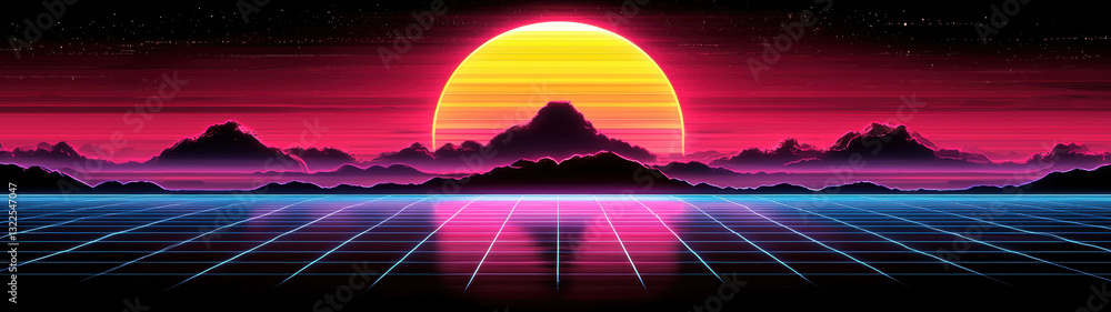 A vibrant retrowave sunset features a massive glowing sun sinking behind a neon-lit grid, with jagged mountain silhouettes in the distance