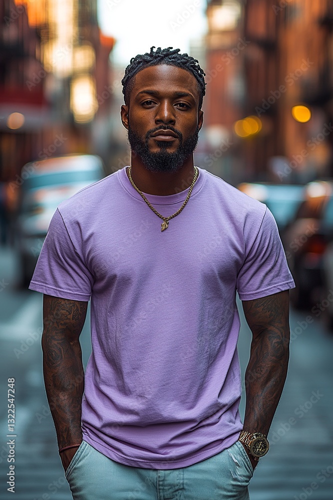 Fototapeta premium Stylish man with tattoos, wearing a lilac shirt and gold chain stands in a city street with hands in pockets. Confident gaze.