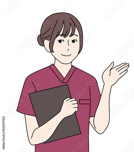 えんじ色のスクラブを着て案内をする看護師