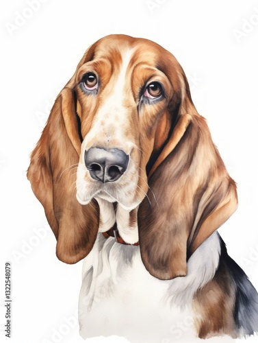 Vendeen Basset Dog with Long Floppy Ears in Watercolor on White Background photo