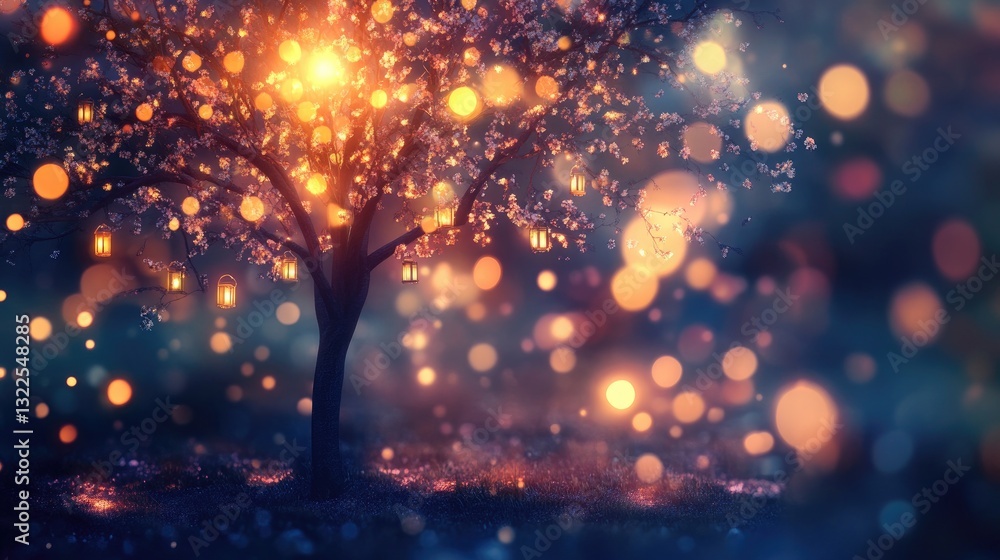Naklejka premium A sakura tree gently lit by lanterns, with a rich navy blue and violet twilight background