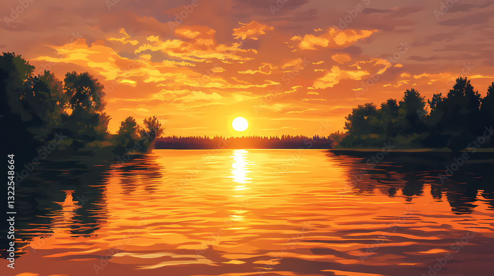 A picturesque river at sunset, casting golden reflections on the water. golden sunset reflections. illustration. golden sunset. illustration. Golden Reflections. Illustration A picturesque river at sunset, casting golden reflections on the water. golden sunset reflections. illustration. golden sunset. illustration. Golden Reflections. Illustration