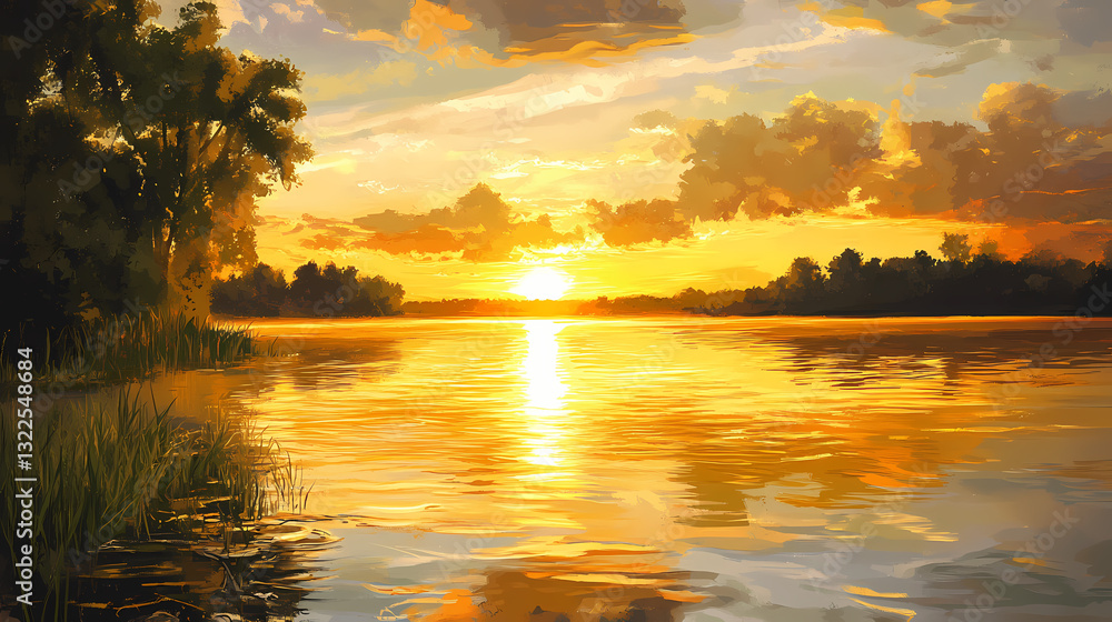 Obraz premium A picturesque river at sunset, casting golden reflections on the water. golden sunset reflections. illustration. golden sunset. illustration. Golden Reflections. Illustration
