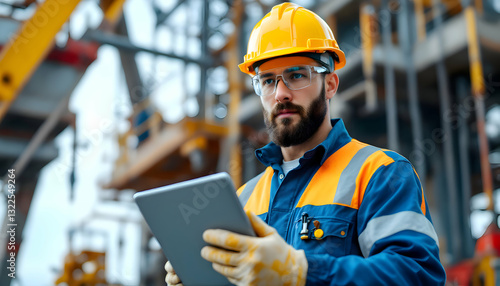 Construction Worker Using Tablet at Industrial Site for Project Management