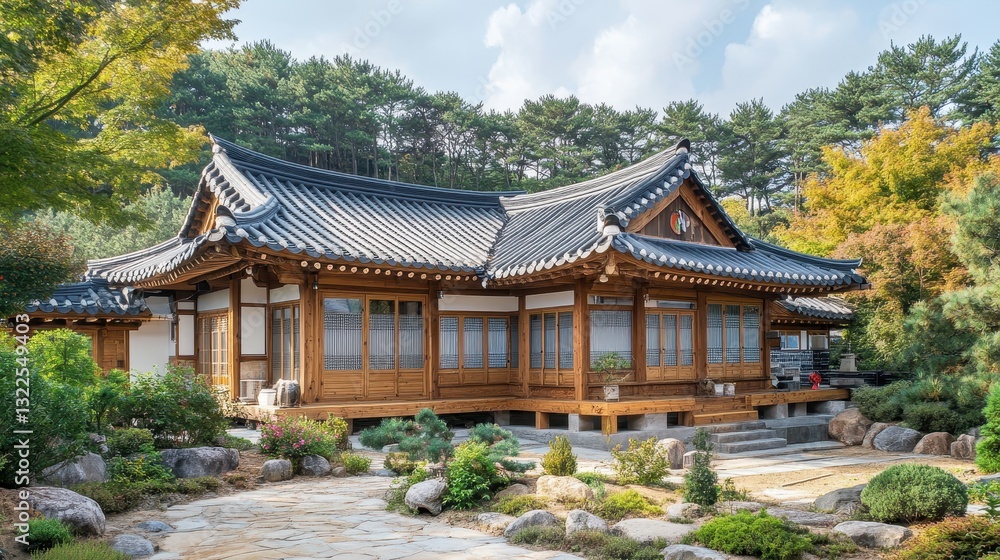 A beautiful traditional wooden building set in a garden landscape A beautiful traditional wooden building set in a garden landscape