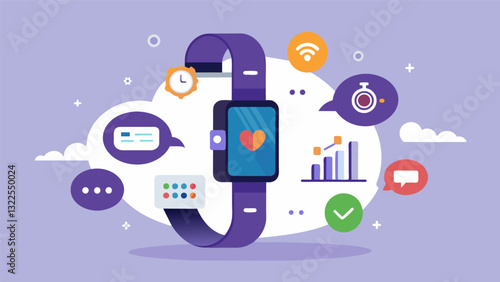 Get realtime feedback on your stress levels and prompts for selfcare activities from your fitness tracker throughout the day.. Vector illustration