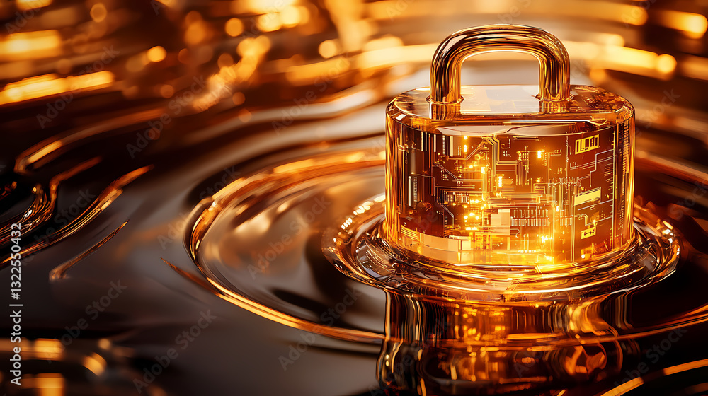 Futuristic golden padlock with electronic circuits close-up on reflective surface with copy space. Golden Reflections. Illustration Futuristic golden padlock with electronic circuits close-up on reflective surface with copy space. Golden Reflections. Illustration